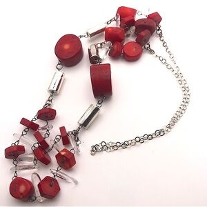 VINTAGE Sterling Coral & Rock Crystal Chunky Statement Necklace 23”